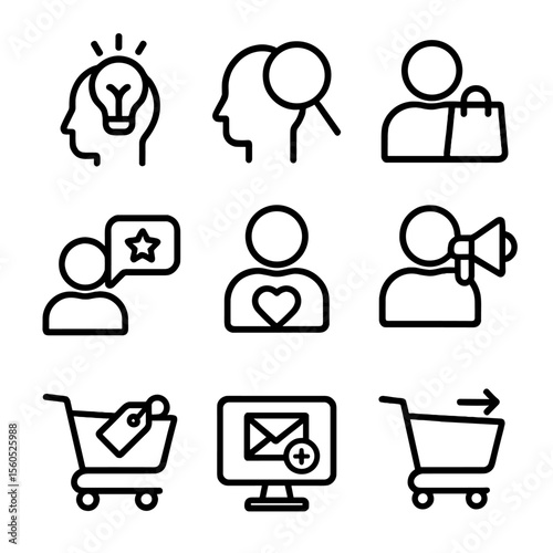 Consumer Journey Icons. Outline icon set of consumer buying decision journey: awareness stage icon, consideration stage icon,
