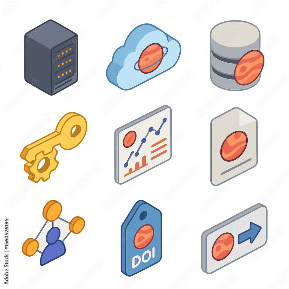 Exoplanet Data Icons. Isometric Flat icon set of exoplanet data archiving and sharing: data center rack, cloud storage icon,
