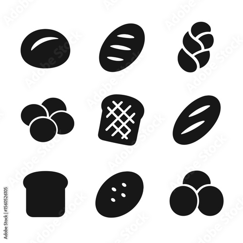 Bread Icon Collection. Solid, Filled icon set of bread shapes and cuts: round boule, oval bâtard, braided loaf, pull-apart rolls,