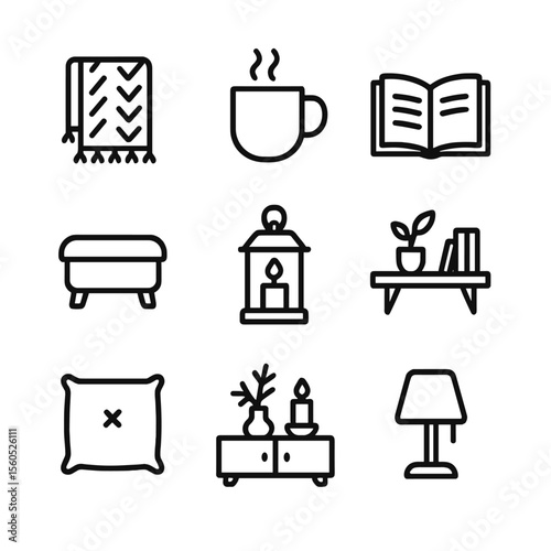 Corner Comfort Icons. Outline icon set of corner comfort essentials: knitted throw, tea mug, open book, footrest, lantern candle,