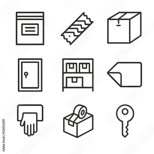 Evidence Storage Icons. Outline icon set of Evidence Storage and Packaging: evidence bag, tamper-evident tape, cardboard box,