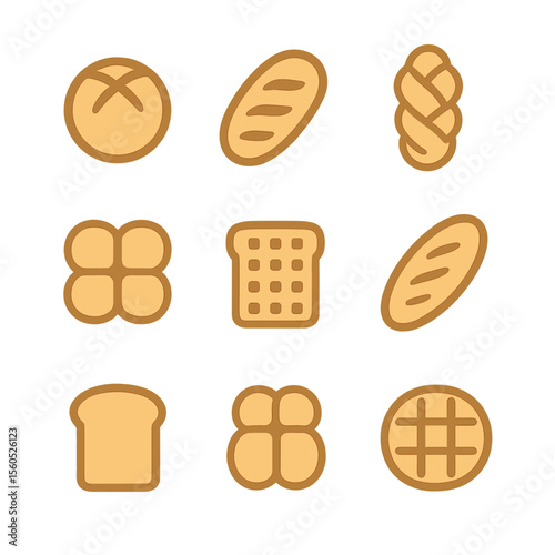 Bread Icon Collection. Flat icon set of bread shapes and cuts: round boule, oval bâtard, braided loaf, pull-apart rolls,