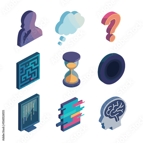Existential Icon Grid. Isometric Flat icon set of internet-induced existential emptiness: thinking silhouette, cloud thought