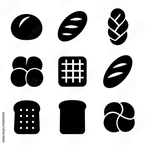 Bread Icon Collection. Solid, Filled icon set of bread shapes and cuts: round boule, oval bâtard, braided loaf, pull-apart rolls,