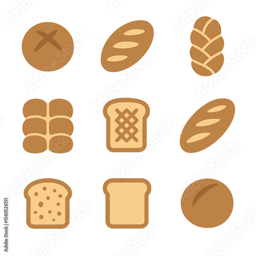 Bread Icon Collection. Flat icon set of bread shapes and cuts: round boule, oval bâtard, braided loaf, pull-apart rolls,
