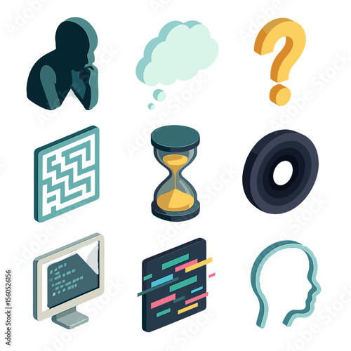 Existential Icon Grid. Isometric Flat icon set of internet-induced existential emptiness: thinking silhouette, cloud thought