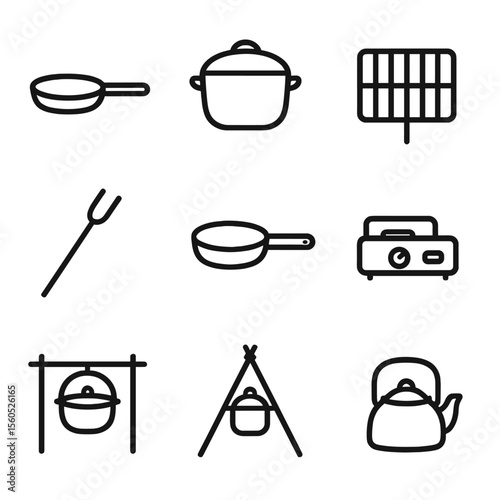 Campfire Cooking Icon Set. Outline icon set of Campfire cooking: skillet, Dutch oven, grill grate, roasting stick, cast iron pan,