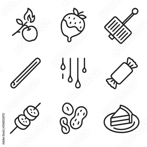 Campfire Dessert Icons. Outline icon set of Campfire desserts: roasted apples, chocolate-dipped fruit, campfire pie iron, cinnamon