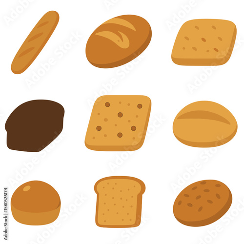 Bread Icon Grid. Flat icon set of bread varieties: baguette, sourdough loaf, ciabatta, rye bread, focaccia, pita pocket, brioche