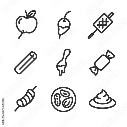 Campfire Dessert Icons. Outline icon set of Campfire desserts: roasted apples, chocolate-dipped fruit, campfire pie iron, cinnamon