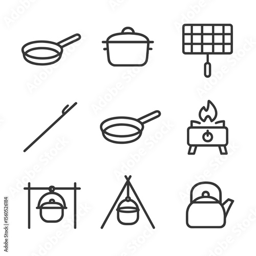 Campfire Cooking Icon Set. Outline icon set of Campfire cooking: skillet, Dutch oven, grill grate, roasting stick, cast iron pan,