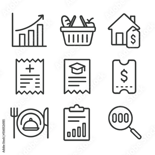 Cost Index Icons. Outline icon set of cost-of-living index tracking: consumer price index chart, basket of goods icon, housing