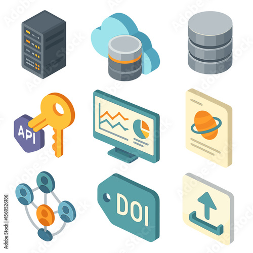 Exoplanet Data Icons. Isometric Flat icon set of exoplanet data archiving and sharing: data center rack, cloud storage icon,