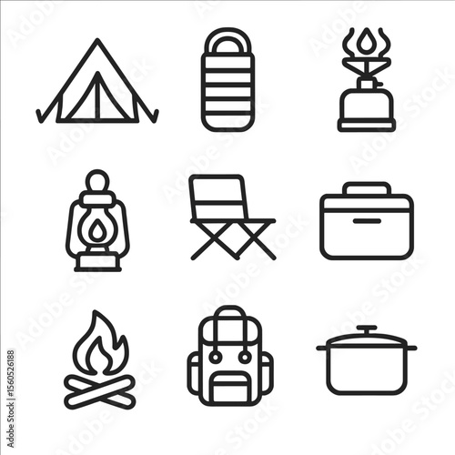 Camping Icon Set. Outline icon set of Camping equipment: tent, sleeping bag, camping stove, lantern, folding chair, cooler,