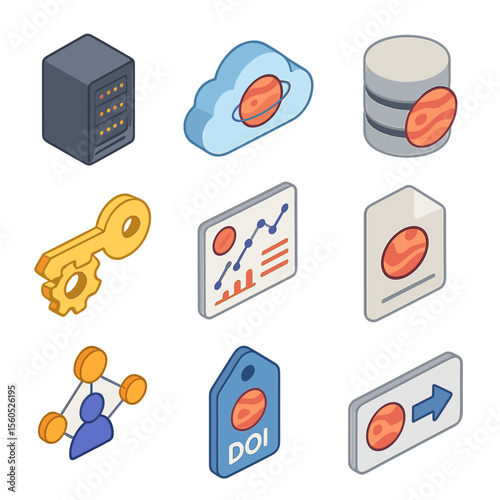 Exoplanet Data Icons. Isometric Flat icon set of exoplanet data archiving and sharing: data center rack, cloud storage icon,
