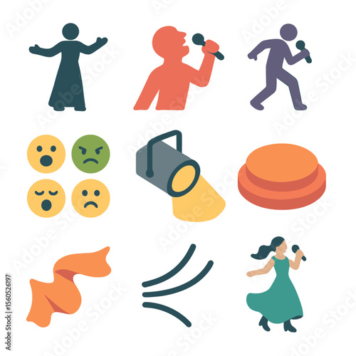 Expressive Singer Icons. Isometric Flat icon set of expressive singing poses: singer silhouette with open arms, raised head icon,
