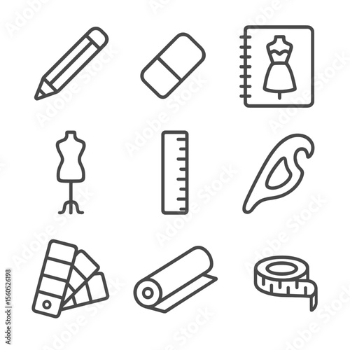 Costume Sketch Tools Icons. Outline icon set of costume sketch tools: pencil, eraser, sketchbook, dress form, ruler, french curve,
