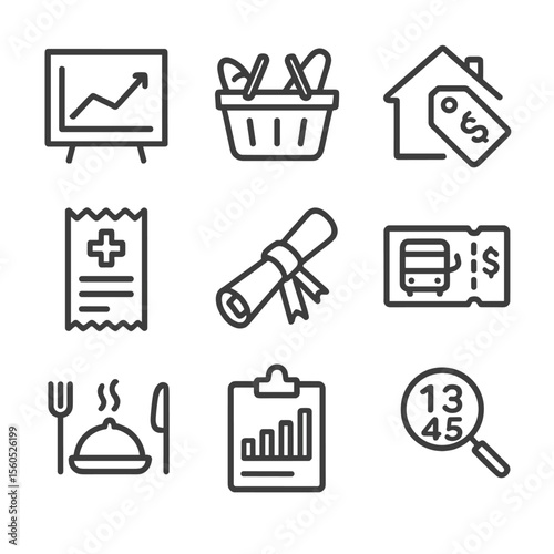 Cost-of-Living Icons Set. Outline icon set of cost-of-living index tracking: consumer price index chart, basket of goods icon,