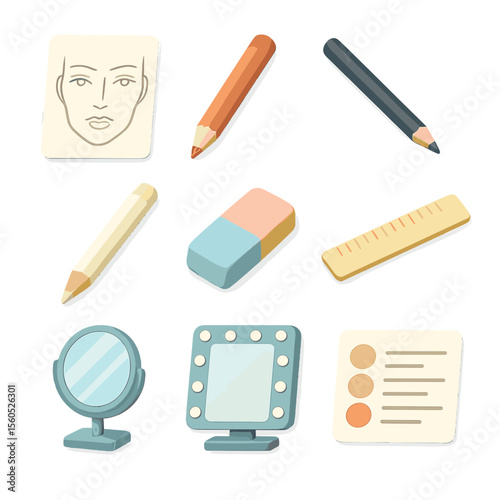 Face Chart Tool Icons. Isometric Flat icon set of face chart tools: face chart template, colored pencil, shading pencil, highlight