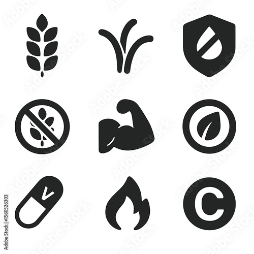 Bread Health Icons. Solid, Filled icon set of bread health indicators: whole grain icon, fiber symbol, low sodium badge,