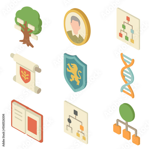 Family Roots Icons. Isometric Flat icon set of genealogical family roots: family tree trunk, ancestor portrait, lineage chart,