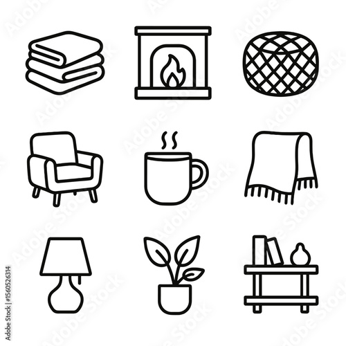 Cozy Interior Icons. Outline icon set of warm and inviting interiors: layered blankets, crackling fireplace, textured pouf, cozy
