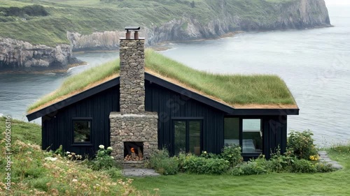 Coastal cabin with grassy roof