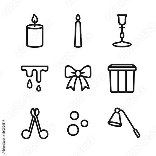 Candle Decoration Icons. Outline icon set of candle decorating and accessories: pillar candle, taper candle, candle holder, wax