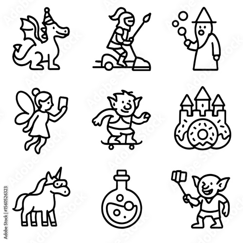 Fantasy Parody Icons. Outline icon set of fantasy parody motifs: dragon with party hat, knight on vacuum cleaner, wizard with