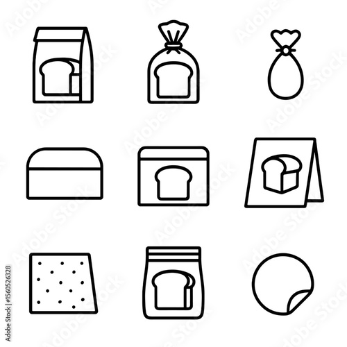 Bread Packaging Icons. Outline icon set of bread packaging: paper bag, plastic loaf bag, twist tie, bread box, branded box,