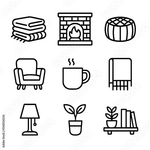 Cozy Interior Icons. Outline icon set of warm and inviting interiors: layered blankets, crackling fireplace, textured pouf, cozy
