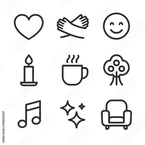 Cozy Mealtime Icons. Outline icon set of mealtime bonding and warmth: heart, hugging arms, smiling face, candle flame, steaming