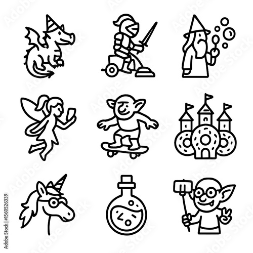 Fantasy Parody Icons. Outline icon set of fantasy parody motifs: dragon with party hat, knight on vacuum cleaner, wizard with