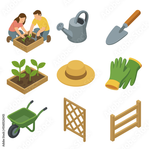 Farm Gardening Icons. Isometric Flat icon set of couple tending a vegetable garden on a farm: wooden raised bed, watering can,