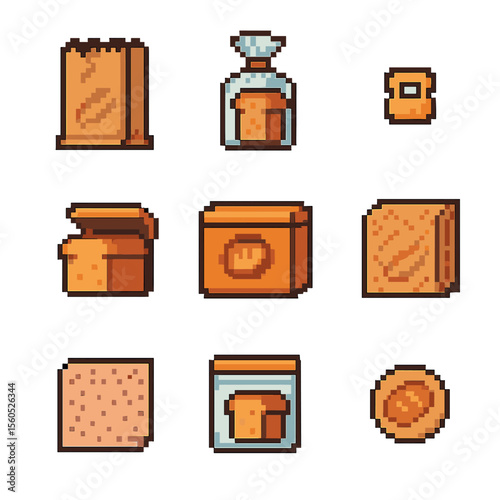 Bread Packaging Icons. Pixel art icon set of bread packaging: paper bag, plastic loaf bag, twist tie, bread box, branded box,