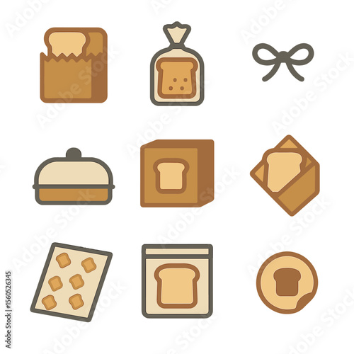Bread Packaging Icons. Flat icon set of bread packaging: paper bag, plastic loaf bag, twist tie, bread box, branded box, wrapping