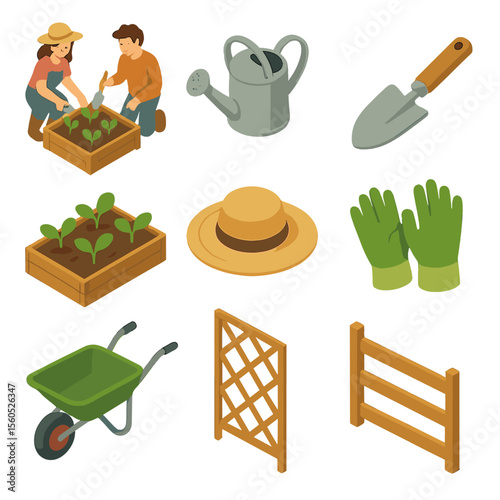Farm Gardening Icons. Isometric Flat icon set of couple tending a vegetable garden on a farm: wooden raised bed, watering can,