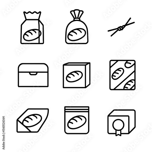 Bread Packaging Icons. Outline icon set of bread packaging: paper bag, plastic loaf bag, twist tie, bread box, branded box,