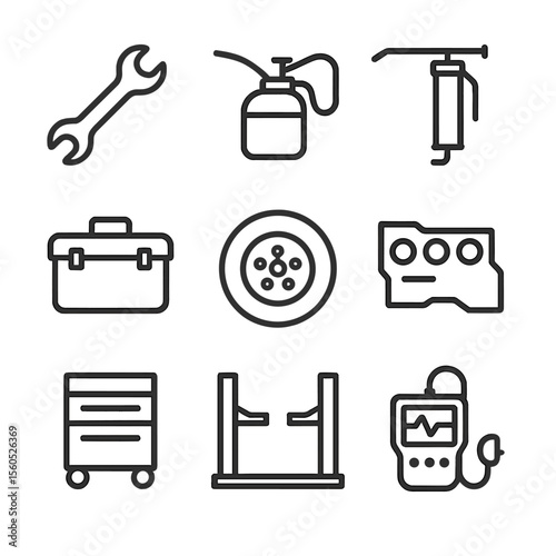 Farm Machinery Maintenance Icons. Outline icon set of farm machinery maintenance: wrench, oil can, grease gun, toolbox, spare tire