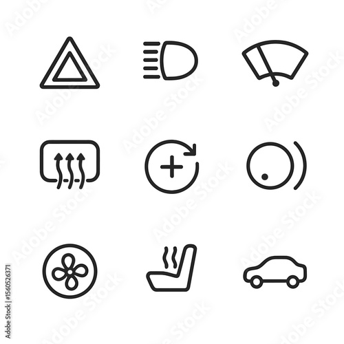 Car Dashboard Icons. Outline icon set of Car Dashboard Buttons: hazard lights, headlight switch, windshield wiper, defrost button,