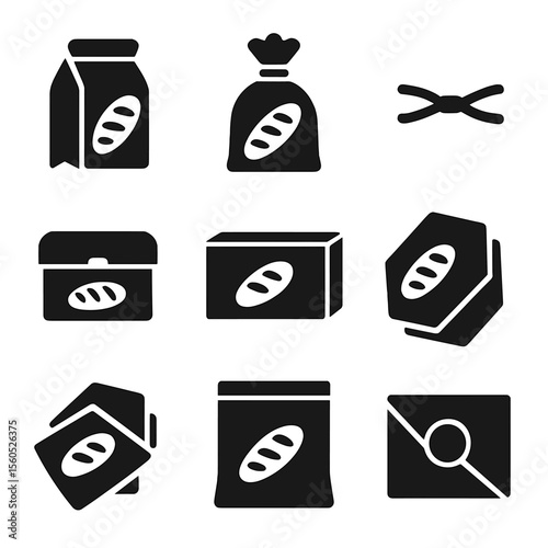 Bread Packaging Icons. Solid, Filled icon set of bread packaging: paper bag, plastic loaf bag, twist tie, bread box, branded box,