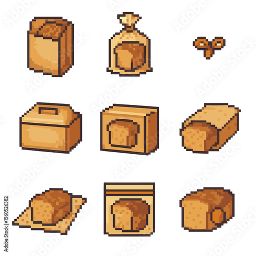Bread Packaging Icons. Pixel art icon set of bread packaging: paper bag, plastic loaf bag, twist tie, bread box, branded box,