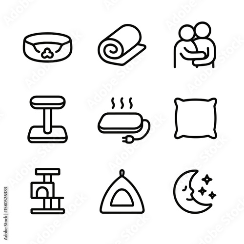 Cozy Pet Icons. Outline icon set of cozy bonding moments: pet bed, blanket, cuddle pair, elevated perch, heated pad, pillow, cat