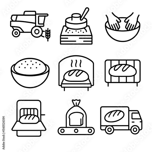 Bread Production Icons. Outline icon set of bread production stages: grain harvesting, milling stone, dough kneading, proofing