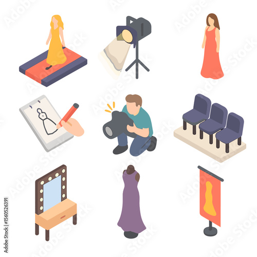 Fashion Show Icons. Isometric Flat icon set of elegant dress fashion show: runway stage, spotlight beam, fashion model, designer