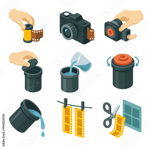 Film Processing Icons. Isometric Flat icon set of film processing workflow: load film spool, expose frames, rewind film, open tank