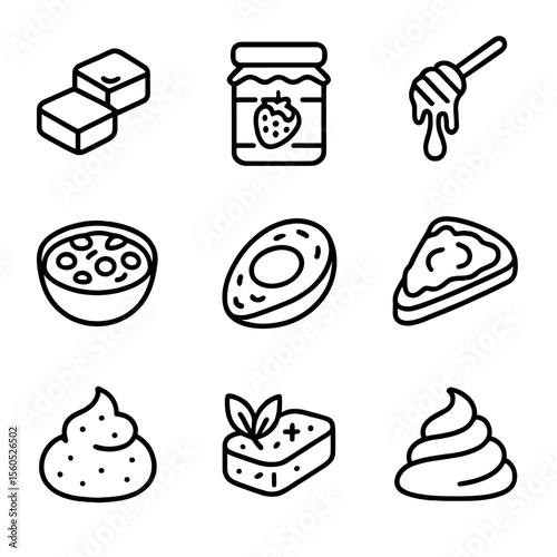 Bread Toppings Icons. Outline icon set of bread toppings and spreads: butter pats, strawberry jam, honey drizzle, olive tapenade,