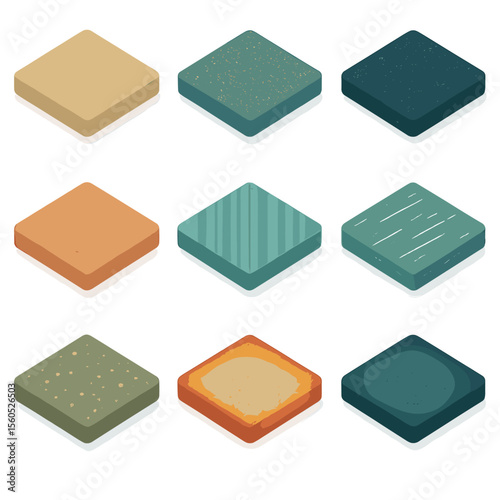 Isometric Film Grain Icons. Isometric Flat icon set of film grain and texture patterns: fine grain overlay, medium grain overlay,