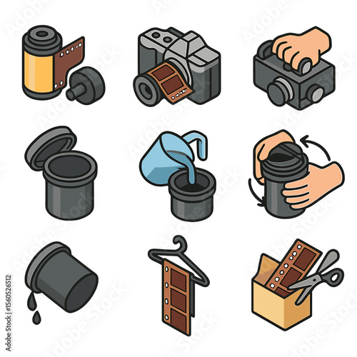 Film Processing Icons. Isometric Flat icon set of film processing workflow: load film spool, expose frames, rewind film, open tank
