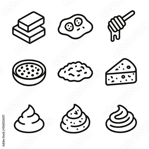 Bread Toppings Icons. Outline icon set of bread toppings and spreads: butter pats, strawberry jam, honey drizzle, olive tapenade,